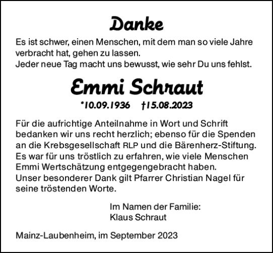 Traueranzeige von Emmi Schraut von Allgemeine Zeitung Mainz