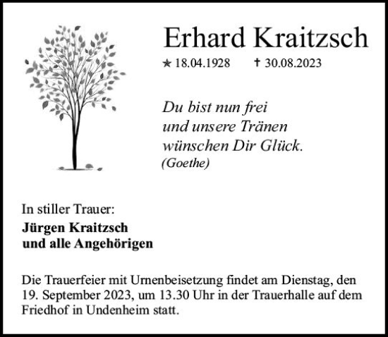 Traueranzeige von Erhard Kraitzsch von Allgemeine Zeitung Mainz