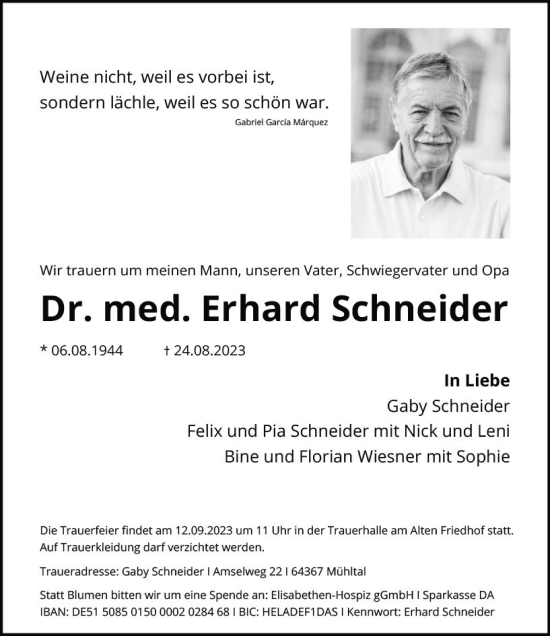 Traueranzeige von Erhard Schneider von Darmstädter Echo
