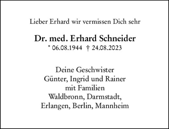 Traueranzeige von Erhard Schneider von Darmstädter Echo