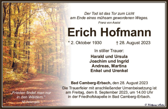 Traueranzeige von Erich Hofmann von Camberger Anzeiger
