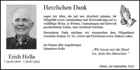 Traueranzeige von Erich Holla von Allgemeine Zeitung Mainz