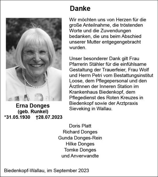 Traueranzeige von Erna Donges von Hinterländer Anzeiger