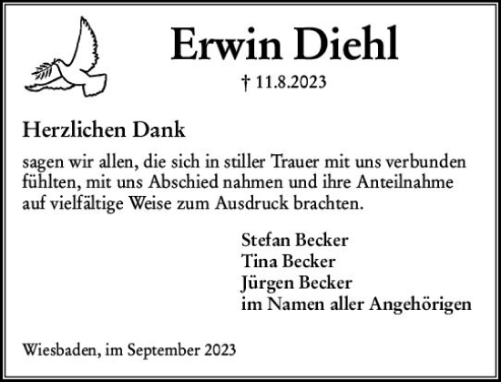 Traueranzeige von Erwin Diehl von Wiesbadener Kurier