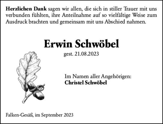 Traueranzeige von Erwin Schwöbel von Odenwälder Echo