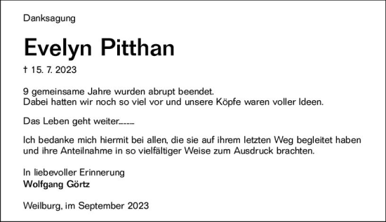 Traueranzeige von Evelyn Pitthan von Weilburger Tageblatt