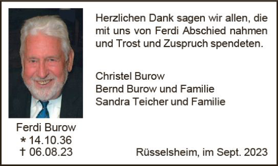 Traueranzeige von Ferdi Burow von Rüsselsheimer Echo