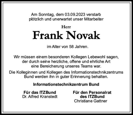 Traueranzeige von Frank Novak von Allgemeine Zeitung Bingen/Ingelheim