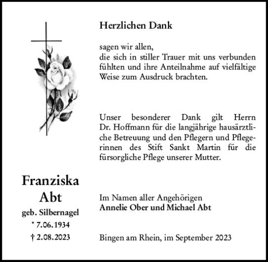 Traueranzeige von Franziska Abt von Allgemeine Zeitung Bingen/Ingelheim
