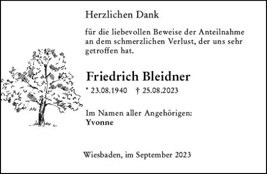 Traueranzeige von Friedrich Bleidner von Wiesbadener Kurier