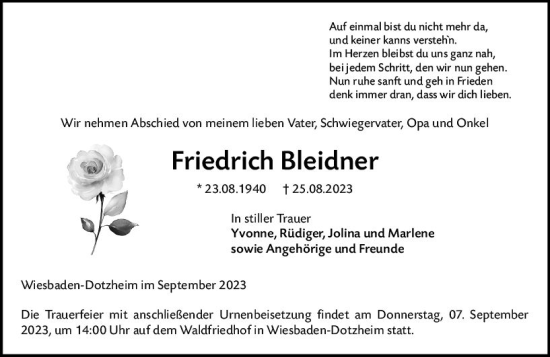 Traueranzeige von Friedrich Bleidner von Wiesbadener Kurier