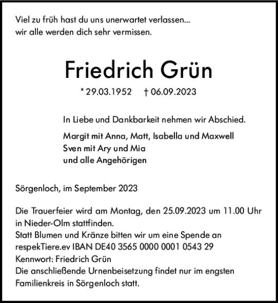 Traueranzeige von Friedrich Grün von Allgemeine Zeitung Mainz