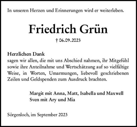 Traueranzeige von Friedrich Grün von Allgemeine Zeitung Mainz