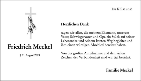 Traueranzeige von Friedrich Meckel von Allgemeine Zeitung Mainz