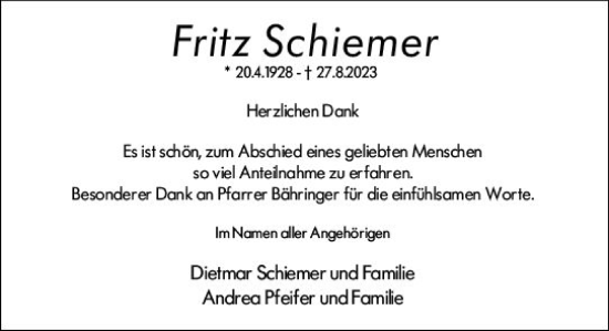 Traueranzeige von Fritz Schiemer von Darmstädter Echo
