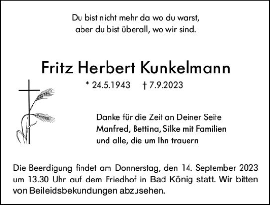 Traueranzeige von Fritz Herbert Kunkelmann von Odenwälder Echo