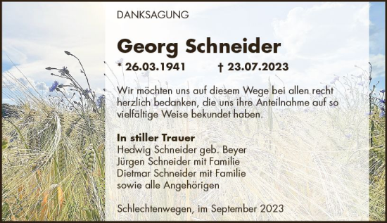 Traueranzeige von Georg Schneider von Oberhessen Kurier