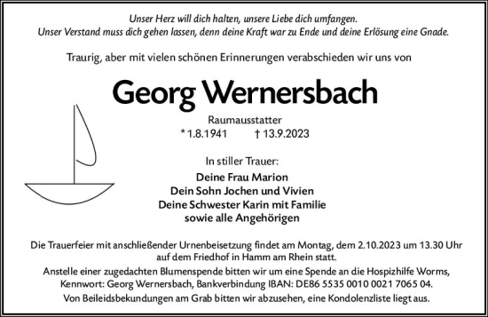 Traueranzeige von Georg Wernersbach von Wormser Zeitung