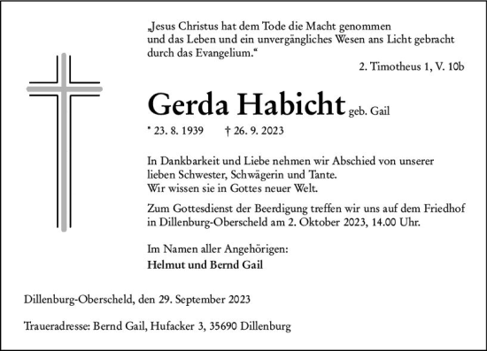 Traueranzeige von Gerda Habicht von Dill Block