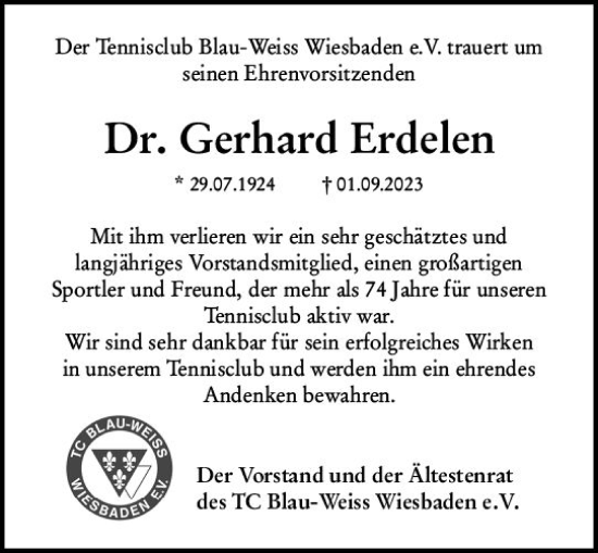 Traueranzeige von Gerhard Erdelen von Wiesbadener Kurier