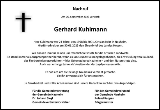 Traueranzeige von Gerhard Kuhlmann von Rüsselsheimer Echo