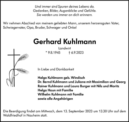 Traueranzeige von Gerhard Kuhlmann von Rüsselsheimer Echo
