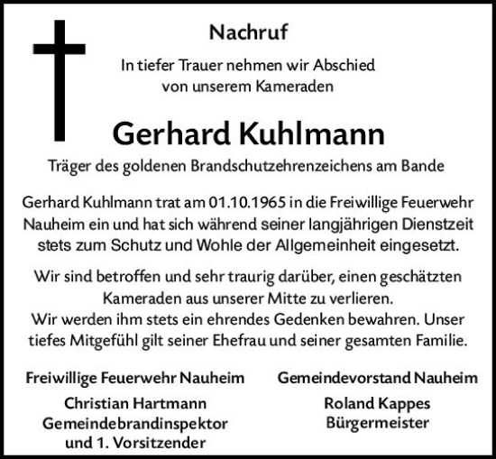 Traueranzeige von Gerhard Kuhlmann von Rüsselsheimer Echo