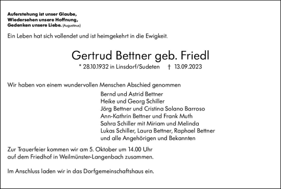 Traueranzeige von Gertrud Bettner von Weilburger Tageblatt