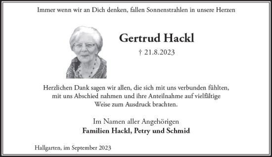 Traueranzeige von Gertrud Hackl von Rheingau Kurier