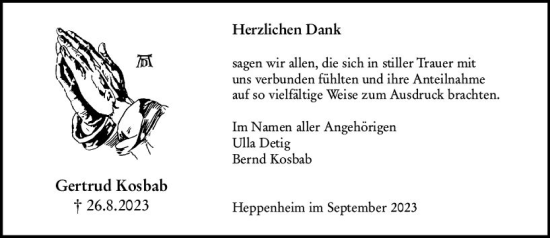 Traueranzeige von Gertrud Kosbab von Starkenburger Echo