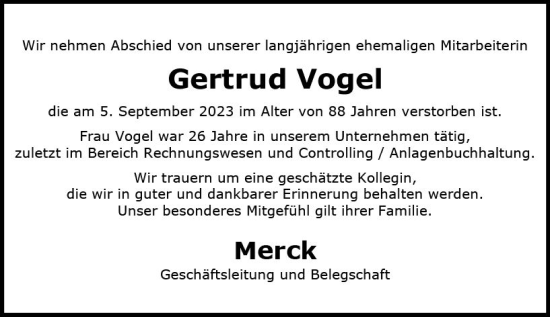 Traueranzeige von Gertrud Vogel von Darmstädter Echo