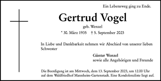 Traueranzeige von Gertrud Vogel von Darmstädter Echo