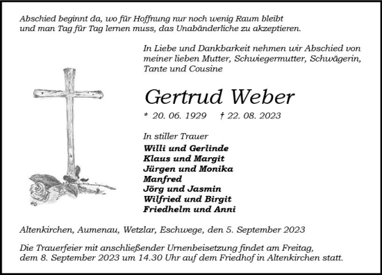 Traueranzeige von Gertrud Weber von Wetzlarer Neue Zeitung