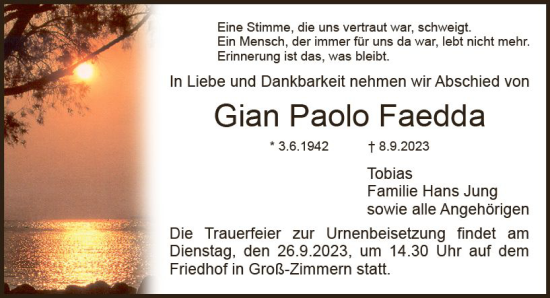 Traueranzeige von Gian Paolo Faedda von Dieburger Anzeiger/Groß-Zimmerner Lokal-Anzeiger