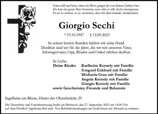 Traueranzeige von Giorgio Sechi von Allgemeine Zeitung Bingen/Ingelheim