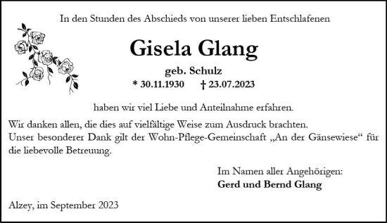 Traueranzeige von Gisela Glang von Allgemeine Zeitung Alzey