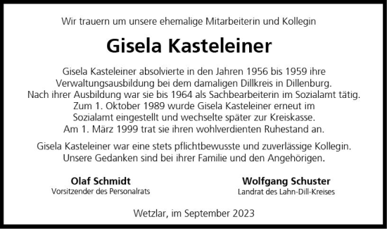 Traueranzeige von Gisela Kasteleiner von Dill Block