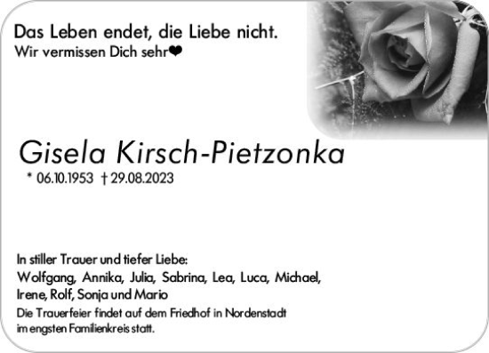 Traueranzeige von Gisela Kirsch-Pietzonka von Wiesbadener Kurier