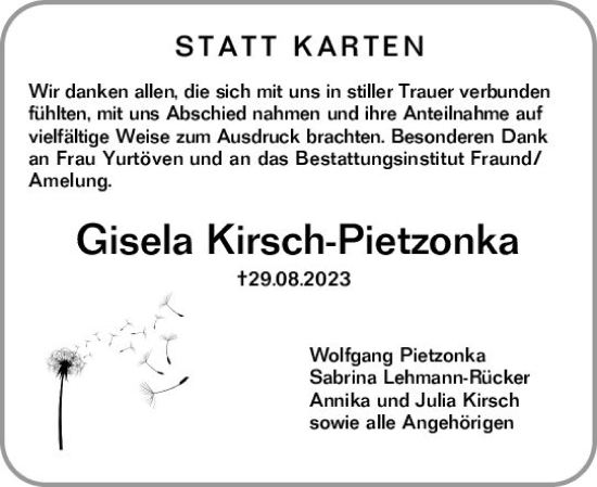 Traueranzeige von Gisela Kirsch-Pietzonka von Wiesbadener Kurier