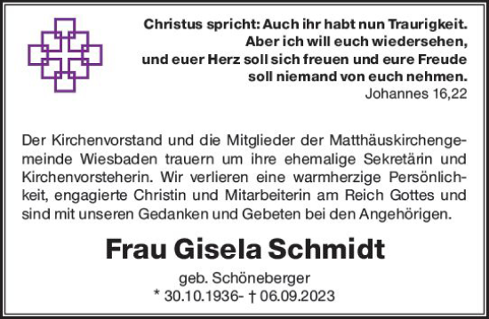 Traueranzeige von Gisela Schmidt von Wiesbadener Kurier