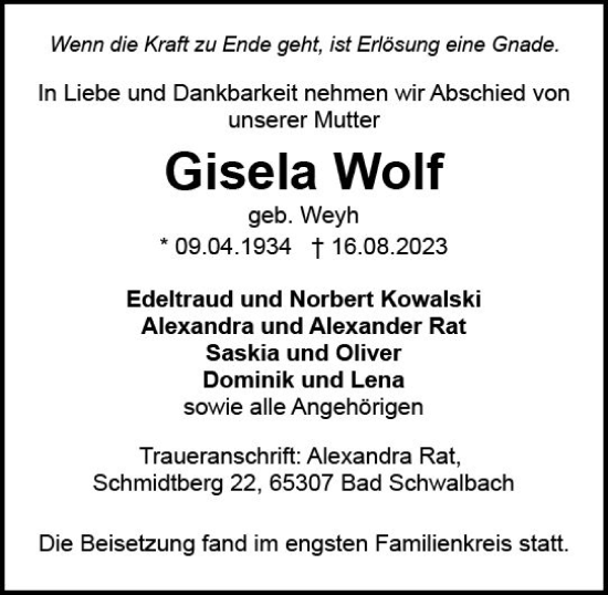 Traueranzeige von Gisela Wolf von Idsteiner Land/Untertaunus