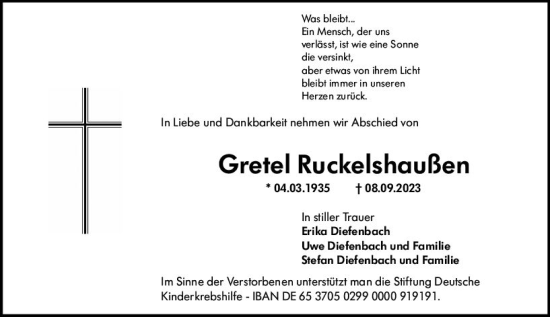 Traueranzeige von Gretel Ruckelshaußen von Groß-Gerauer Echo