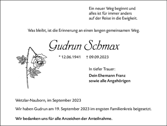 Traueranzeige von Gudrun Schmax von Wetzlarer Neue Zeitung