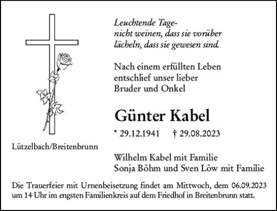 Traueranzeige von Günter Kabel von Odenwälder Echo