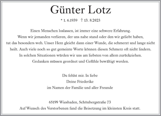 Traueranzeige von Günter Lotz von Wiesbadener Kurier