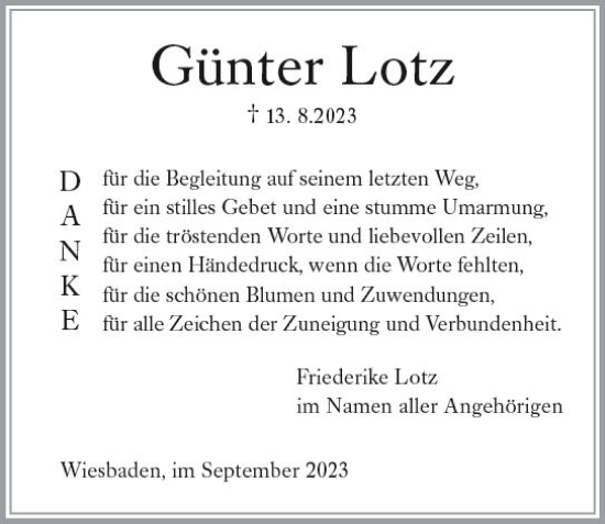 Traueranzeige von Günter Lotz von Wiesbadener Kurier