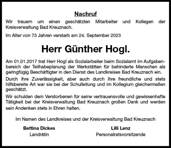 Traueranzeige von Günther Hogl von Allgemeine Zeitung Bad Kreuznach