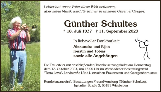 Traueranzeige von Günther Schultes von Wiesbadener Kurier