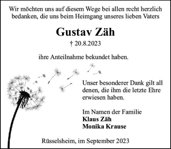 Traueranzeige von Gustav Zäh von Rüsselsheimer Echo