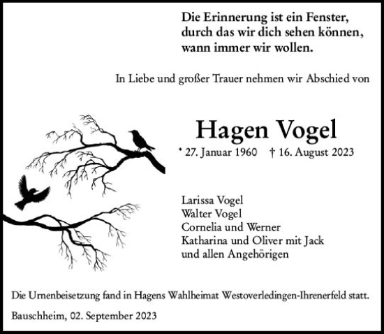 Traueranzeige von Hagen Vogel von Rüsselsheimer Echo